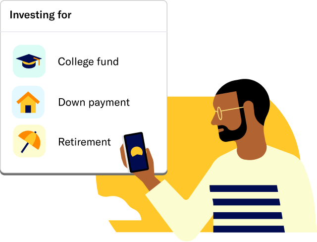 Investing goals of a college fund, a home down payment, and retirement, with a person holding a phone.